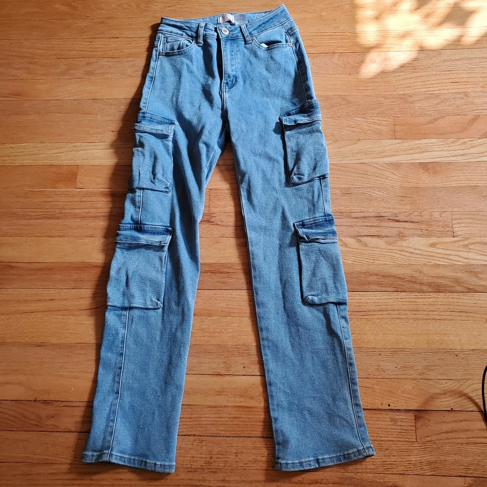 Lilac Sunset Womens High Rise Cargo Jeans Light Blue Straight Leg Size 3/4